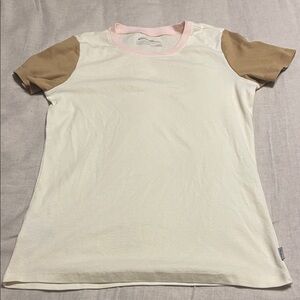 Eddie Bauer Cream and Tan Short Sleeve Tee with light pink collar